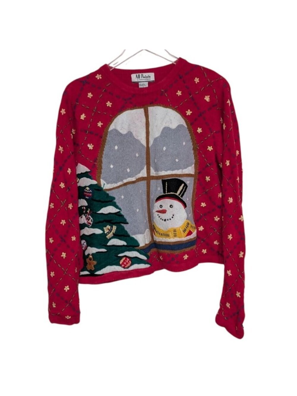 All Points Snowman Sweater Womens Size Large Red Embroidered Floral Ugly Christm